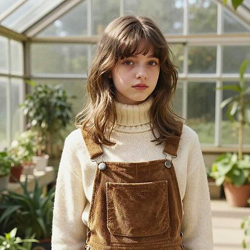 Layered Bangs in Sunlit Greenhouse