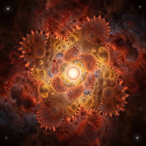 Photograph-like digital art of a vibrant, swirling celestial object with a bright central sun, surrounded by fiery red and orange rings and clouds, set against