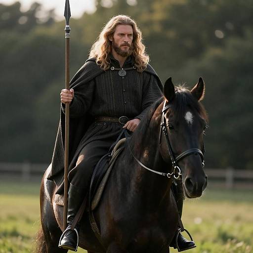Warrior on a Black Horse in Nature