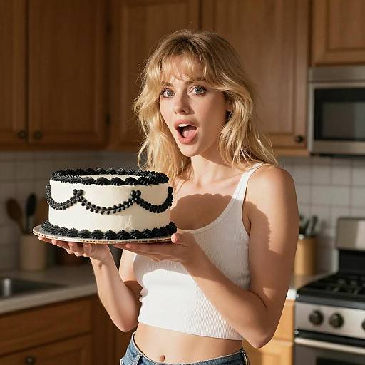 Blonde Woman with Cake in Kitchen