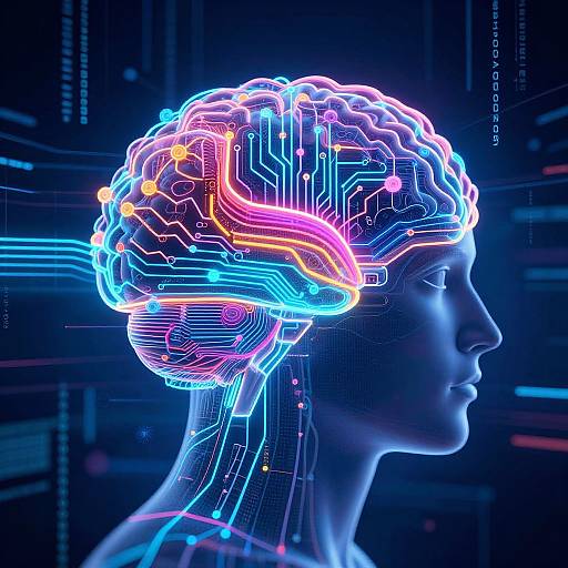 Neon-lit CGI of a side profile woman with glowing, colorful brain circuitry, set against a dark, futuristic tech background.