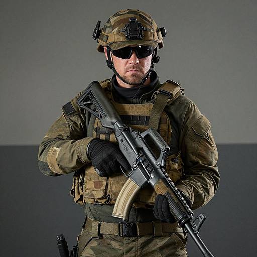 Photograph of a serious male soldier in camouflage gear, black sunglasses, helmet, and tactical vest, holding a black assault rifle.