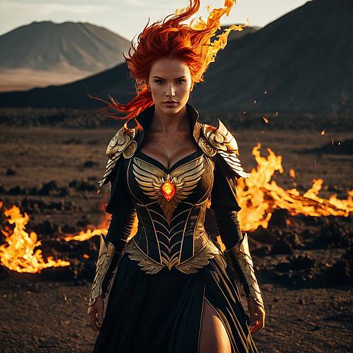 Fiery Phoenix Maiden in Volcanic Plains