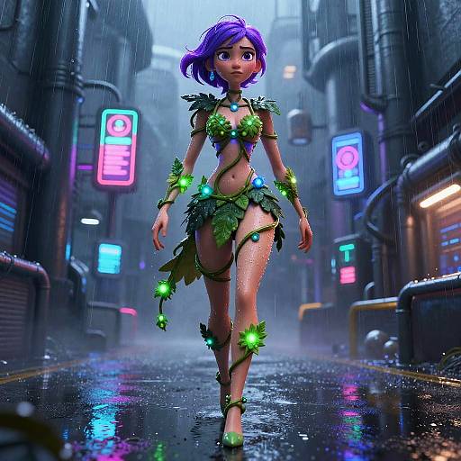 Digital art of a purple-haired girl in a neon-lit, rain-soaked cyberpunk alley, wearing green leafy, glowing bikini-like attire.