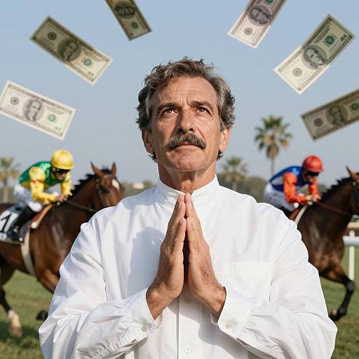 Man Praying with Money Floating at Horse Race