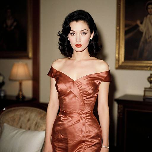 Photograph of a fair-skinned woman with black wavy hair, wearing an off-shoulder, copper satin dress, standing in a warmly lit