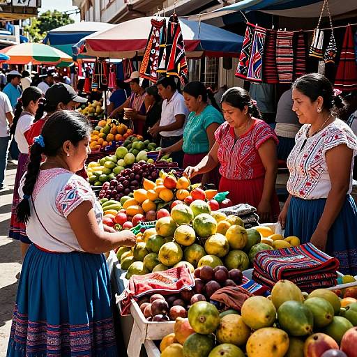 Colorful photograph of Latin American market: Four women in traditional dress, selling vibrant fruits and textiles under sunlit stalls.