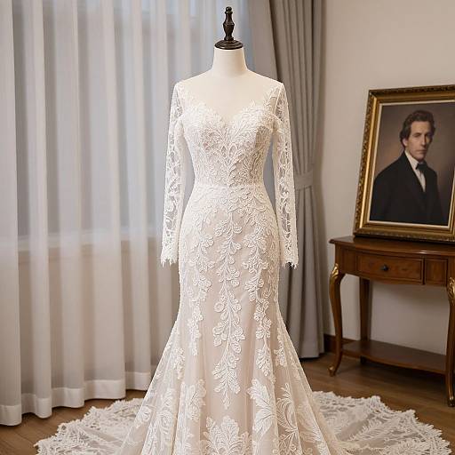 Photograph of a white lace wedding dress on a mannequin, displayed in a room with soft curtains, wooden table, and framed portrait of a