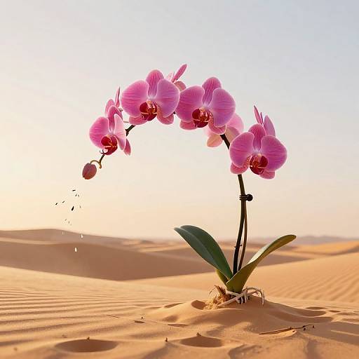 Photograph of a vibrant pink orchid with multiple blooms, standing in golden desert sand under a clear, bright sky. Water droplet splashes from