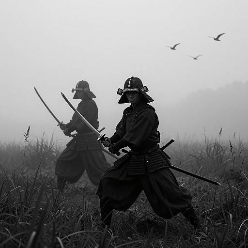 Samurai Silhouettes in Misty Field