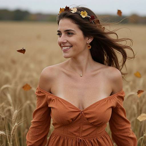 Photograph of a smiling woman with long brown hair, wearing an off-shoulder orange dress and autumn leaf crown, in a golden wheat field with