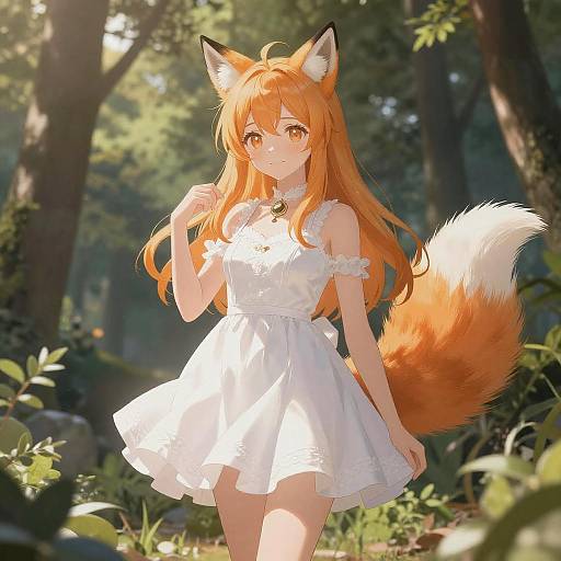 Anime Girl with Fox Ears in Forest