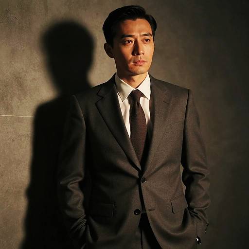 Photograph of a young man with medium skin tone, dark hair, wearing a black suit, white shirt, and black tie, with a shadow on