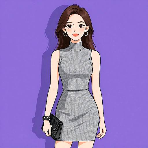 Chic Woman in Grey Ribbed Dress