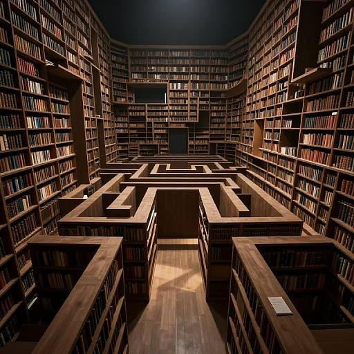 Photograph of a dimly lit, intricate library with tall wooden bookshelves forming geometric patterns, books densely packed, wooden floors, and a dark