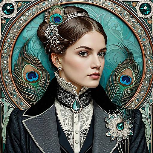 Art Nouveau Portrait of Woman with Peacock Feathers