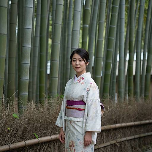 Photograph of an Asian woman in a white floral kimono with a pink obi, standing in front of tall bamboo trees.
