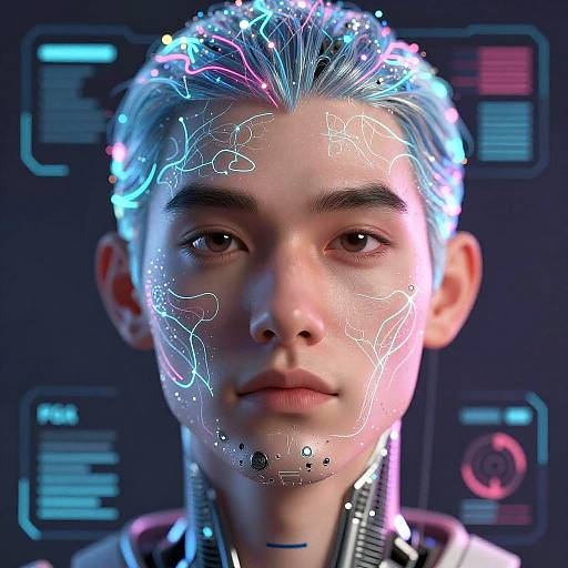 CGI portrait of a young man with glowing, neon circuitry patterns on his face, blue and pink lights in his hair, against a dark,
