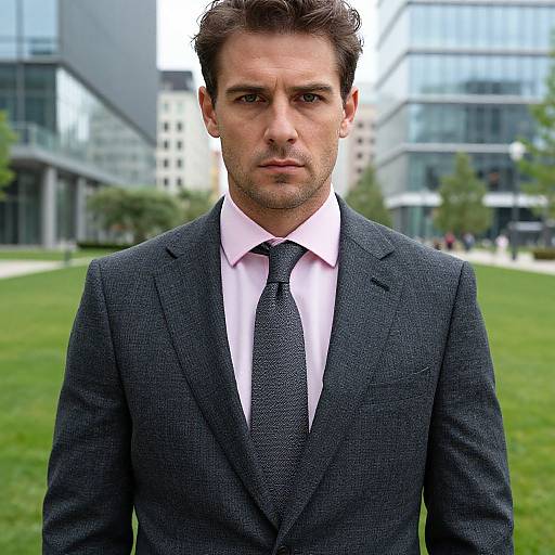 Photograph of a serious, handsome white man with dark hair in a black suit, white shirt, and black tie, standing in a modern urban park