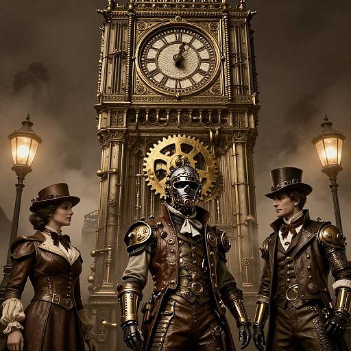 Steampunk trio in leather and brass gear, top hats, standing before a large clock tower with foggy background and lanterns.