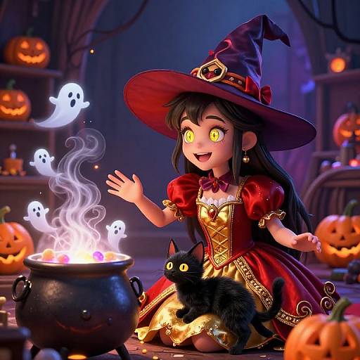 CGI image of a cute, anime-style witch with yellow eyes, red dress, and hat, casting a spell over a bubbling cauldron