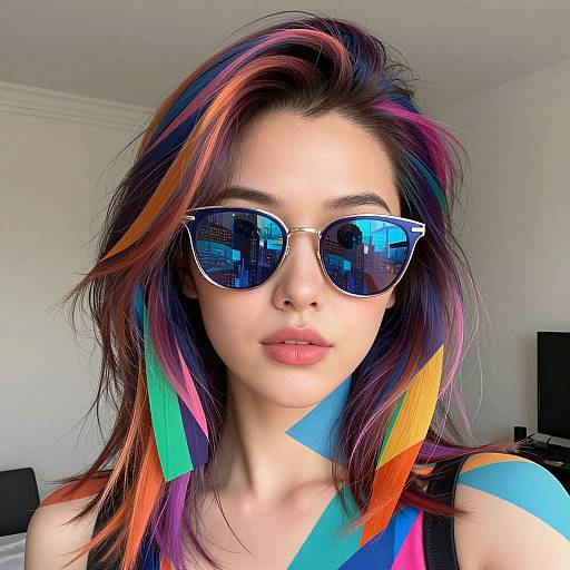 Photograph of a young woman with multicolored hair, wearing reflective aviator sunglasses and a rainbow-striped top, in a bright room.