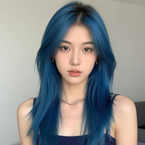 Photograph of an East Asian woman with long, straight, vibrant blue hair, wearing a black tank top, small hoop earrings, and a delicate chain