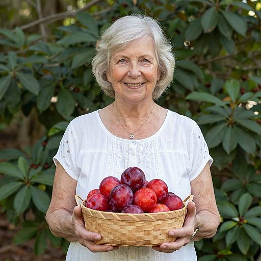 Photograph of an elderly woman with short white hair, wearing a white dress, smiling while holding a basket of ripe red plums against a leafy