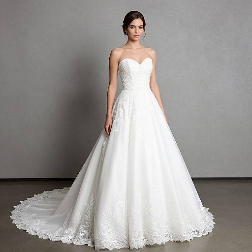 Photograph of a woman with dark hair in an elegant, strapless white lace wedding gown with a long train, standing against a gray wall.