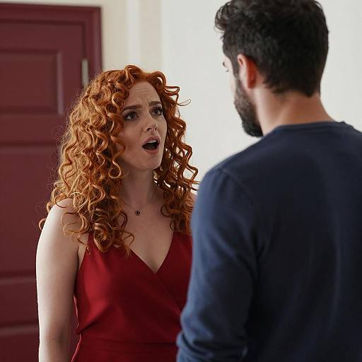Woman with curly red hair talking to man indoors