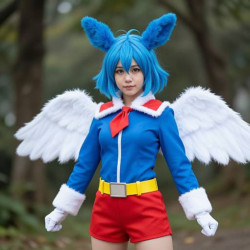 Photograph of a young woman in a blue cosplay outfit with blue fox ears, white feathered wings, red shorts, and a yellow belt, standing
