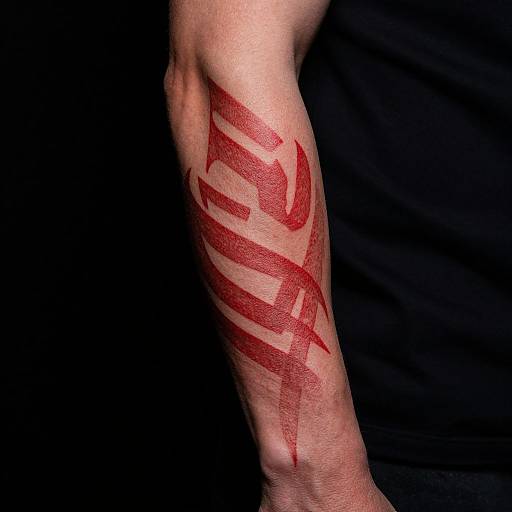 Photograph of a muscular arm with bold, red tribal tattoo in a flowing, abstract design, set against a black background.