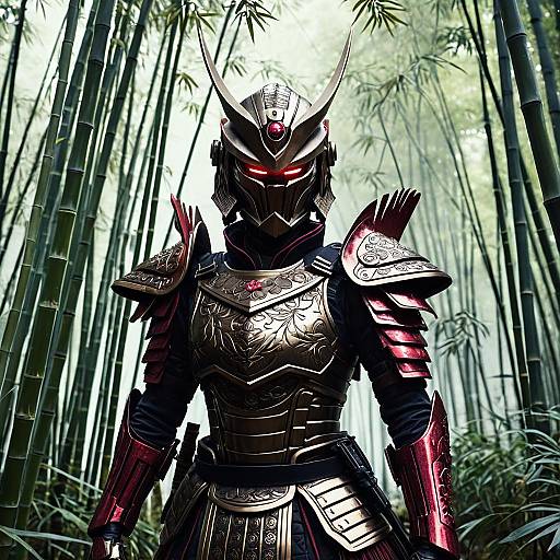 Cinematic Samurai Android in Bamboo Forest
