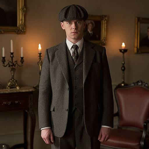 Photograph of a serious man in dark gray tweed suit, flat cap, and tie, standing in dimly lit, vintage room with candles and