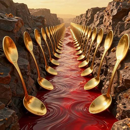 Digital artwork of a row of gold spoons standing upright in a flowing, red liquid between rocky terrain at sunset.