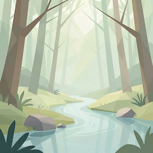 Digital illustration of a serene forest stream, featuring tall trees, sunlight filtering through, rocks, and lush greenery. Bright and airy.