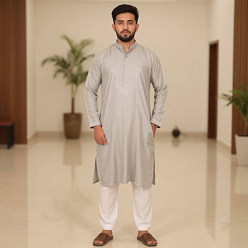 Photograph of a bearded South Asian man in a white traditional long kurta and white pants, standing in a bright, minimalist room with potted