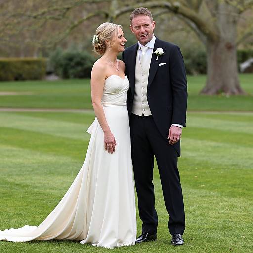 Photograph of a smiling bride in a white strapless gown and groom in a black tuxedo and white vest, standing on a lush green lawn