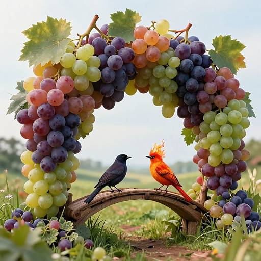 Photograph of a colorful grape arch with purple, green, and yellow grapes, a blackbird, and a vibrant red-orange bird perched on a