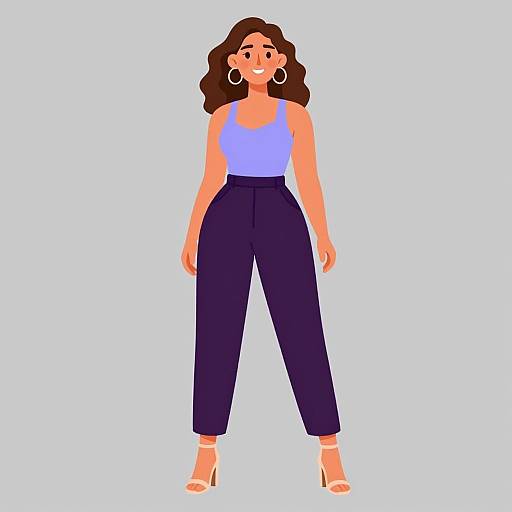 Digital illustration of a woman with wavy brown hair, wearing a blue tank top, high-waisted dark purple pants, white high heels, and