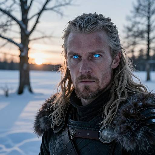 Photograph of a rugged, blonde-haired man with blue eyes, wearing fur-trimmed medieval armor, standing in a snowy, tree-lined landscape at