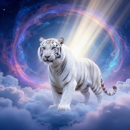 Photorealistic digital artwork of a white tiger with glowing fur, standing on clouds, surrounded by a cosmic swirl of blue, purple, and pink light