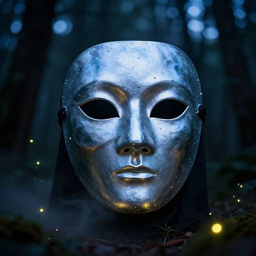 Photograph of a silver, metallic mask with black eye holes, glowing blue, in a dark, enchanted forest with floating fireflies.