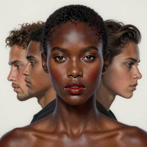 Photograph of a dark-skinned woman with short curly hair and red lipstick in the foreground, flanked by three light-skinned men with curly and