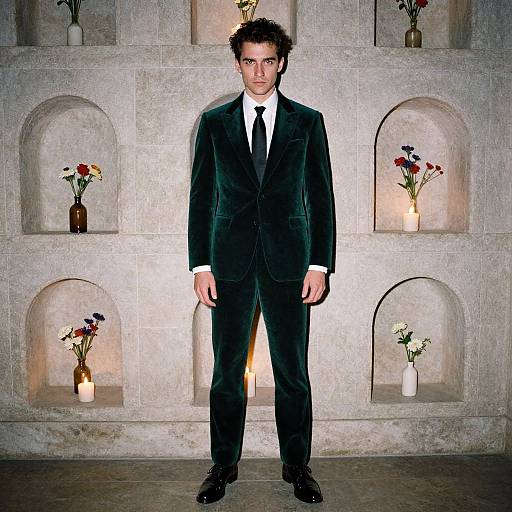Photograph of a man in a dark green velvet suit and white shirt standing in front of a stone wall with floral vases.