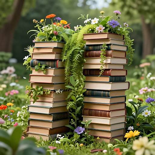Photorealistic image of two tall stacks of books covered in vibrant flowers and greenery, standing in a lush garden.