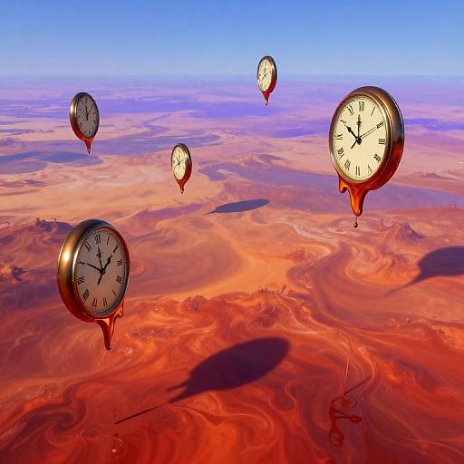 Digital artwork of floating, dripping clock faces over a vibrant, swirling red and orange desert landscape under a clear blue sky.