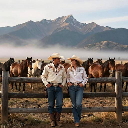 Photograph of a cowboy and cowgirl, both in white shirts and hats, leaning on a wooden fence with a herd of horses, mountains and mist