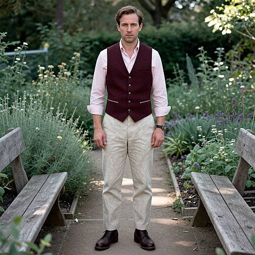 Photograph of a handsome man with short brown hair, white shirt, brown vest, cream trousers, standing between wooden benches in a lush, sunlit