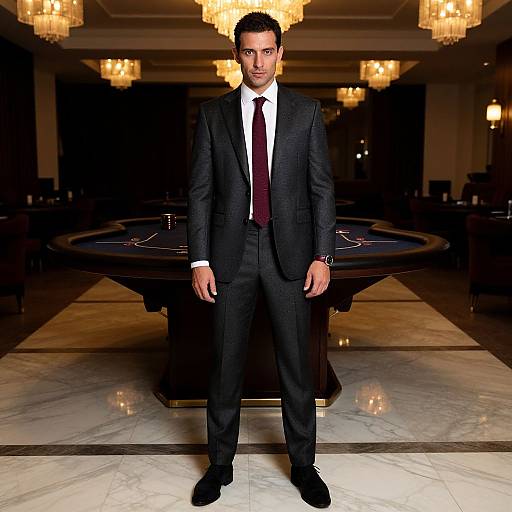 Photograph of a serious, dark-haired man in a black suit, white shirt, and maroon tie, standing in front of a poker table in